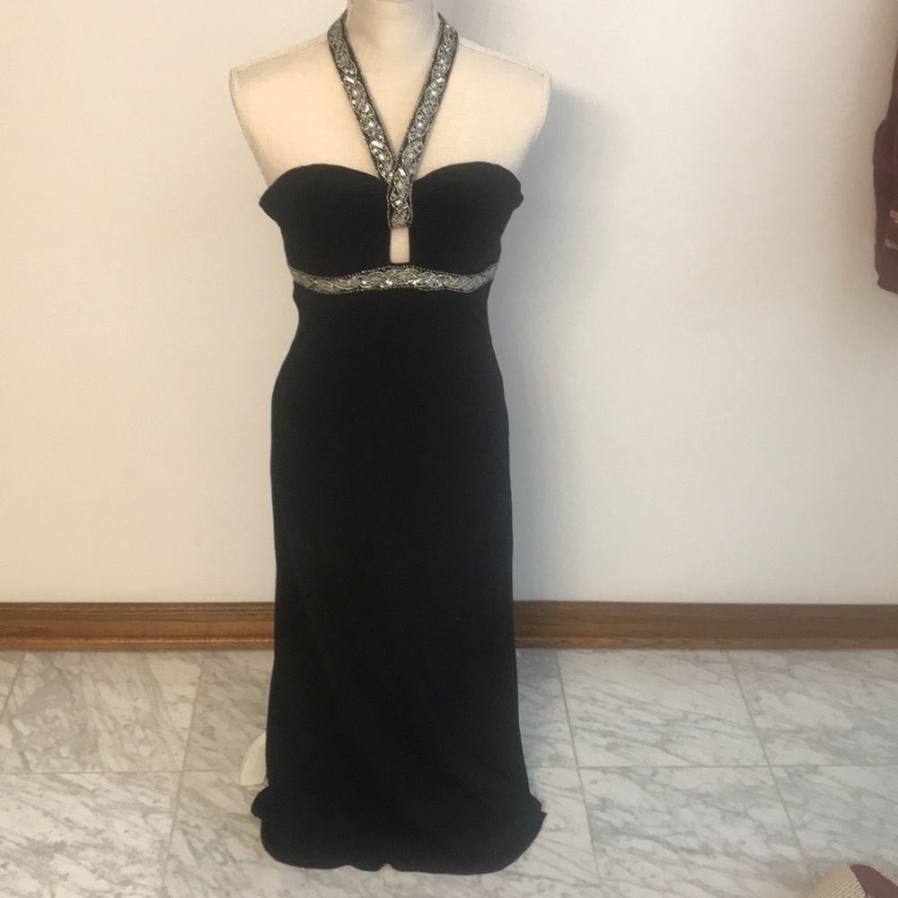 Long Black Beaded Halter Dress